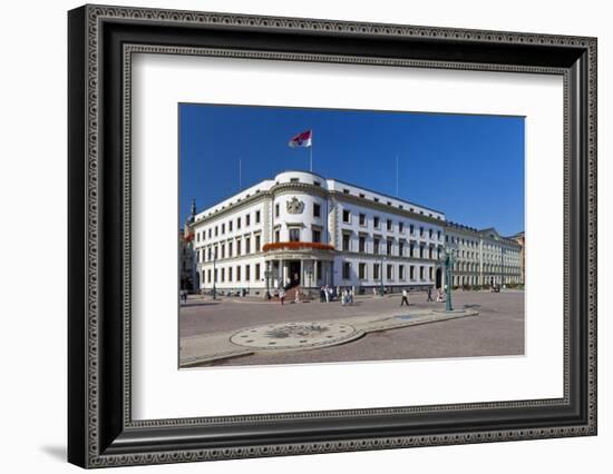 Germany, Hessen, State Capital, Wiesbaden, Hessian Landtag, State Flag, Cobblestones, Street Lamp-Chris Seba-Framed Photographic Print