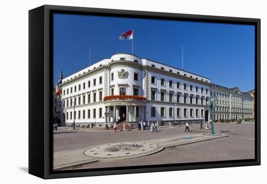 Germany, Hessen, State Capital, Wiesbaden, Hessian Landtag, State Flag, Cobblestones, Street Lamp-Chris Seba-Framed Premier Image Canvas