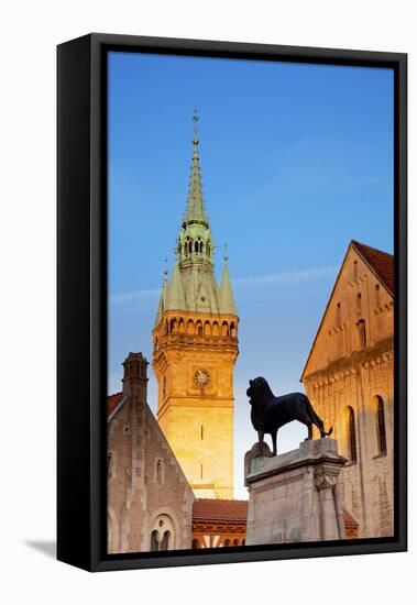 Germany, Lower Saxony, Braunschweig. the Tower from the Town Hall and Sculpture of the Lion-Ken Scicluna-Framed Premier Image Canvas