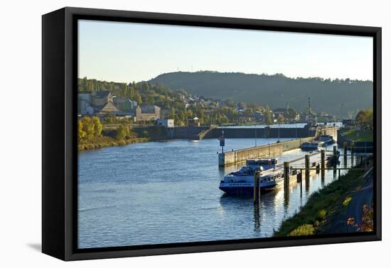 Germany, Rhineland-Palatinate, the Moselle, Grevenmacher, Sluice, Barges, Evening Light-Chris Seba-Framed Premier Image Canvas