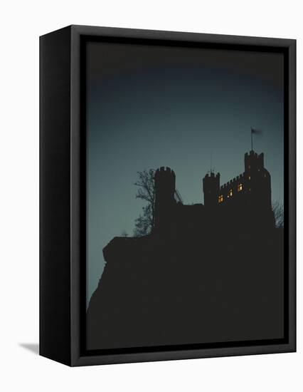 Germany, Rhineland-Palatinate, Trechtingshausen, Castle 'Rheinstein', Night-Thonig-Framed Premier Image Canvas