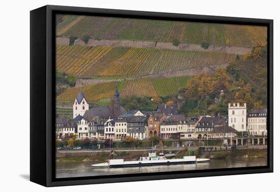 Germany, Rhineland-Pfalz, Kaub, Town and Rhine River Ferry in Autumn-Walter Bibikow-Framed Premier Image Canvas