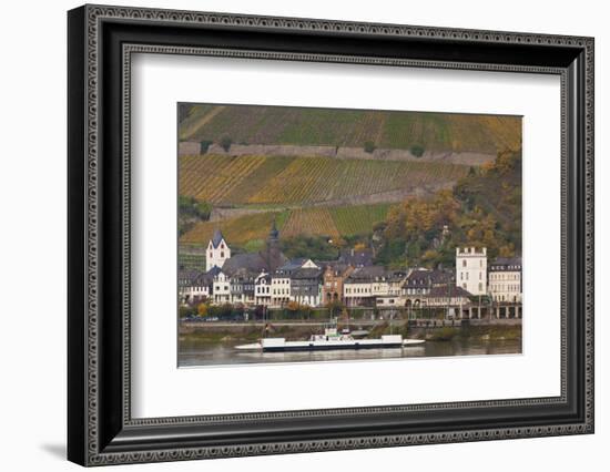 Germany, Rhineland-Pfalz, Kaub, Town and Rhine River Ferry in Autumn-Walter Bibikow-Framed Photographic Print