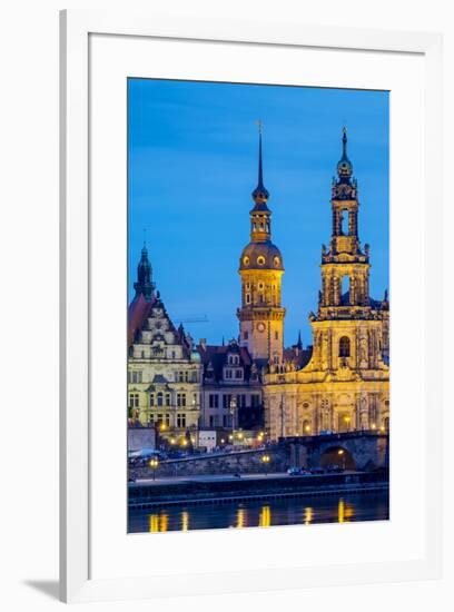 Germany, Saxony, Dresden, Altstadt (Old Town). Dresden skyline, historic buildings along the Elbe R-Jason Langley-Framed Photographic Print