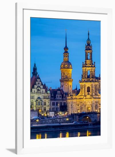 Germany, Saxony, Dresden, Altstadt (Old Town). Dresden skyline, historic buildings along the Elbe R-Jason Langley-Framed Photographic Print