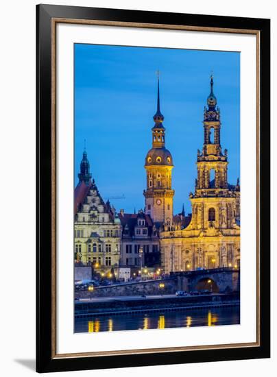 Germany, Saxony, Dresden, Altstadt (Old Town). Dresden skyline, historic buildings along the Elbe R-Jason Langley-Framed Photographic Print