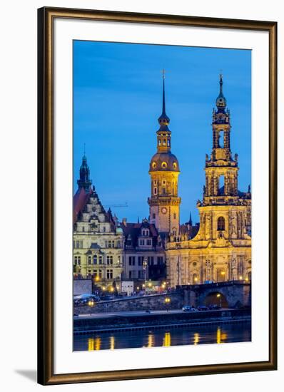 Germany, Saxony, Dresden, Altstadt (Old Town). Dresden skyline, historic buildings along the Elbe R-Jason Langley-Framed Photographic Print