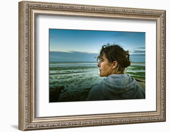 Germany, Schleswig-Holstein, Amrum, Sandy Beach, Sandbank, Kniepsand, Woman, Portrait, Side View-Ingo Boelter-Framed Photographic Print