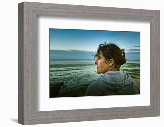 Germany, Schleswig-Holstein, Amrum, Sandy Beach, Sandbank, Kniepsand, Woman, Portrait, Side View-Ingo Boelter-Framed Photographic Print