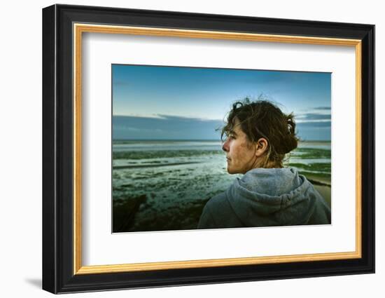 Germany, Schleswig-Holstein, Amrum, Sandy Beach, Sandbank, Kniepsand, Woman, Portrait, Side View-Ingo Boelter-Framed Photographic Print