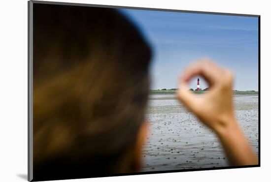 Germany, Schleswig-Holstein, Pellworm, Mud Flats, Wadden Sea, Lighthouse, Woman, Hand, Finger, View-Ingo Boelter-Mounted Photographic Print