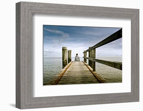 Germany, Schleswig-Holstein, Wyk, Beach, Woman, Bridge, Sitting, Back View-Ingo Boelter-Framed Photographic Print