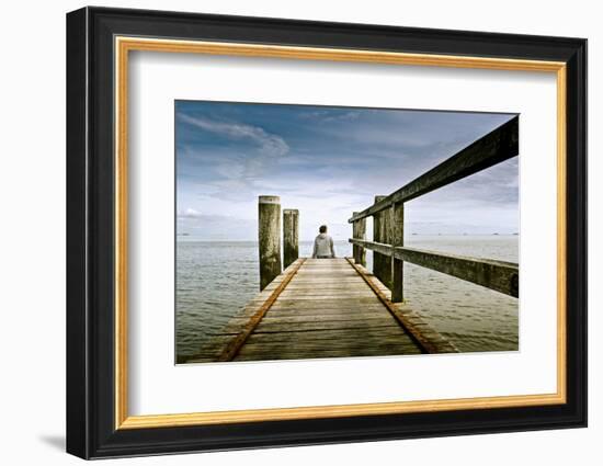 Germany, Schleswig-Holstein, Wyk, Beach, Woman, Bridge, Sitting, Back View-Ingo Boelter-Framed Photographic Print