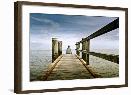 Germany, Schleswig-Holstein, Wyk, Beach, Woman, Bridge, Sitting, Back View-Ingo Boelter-Framed Photographic Print