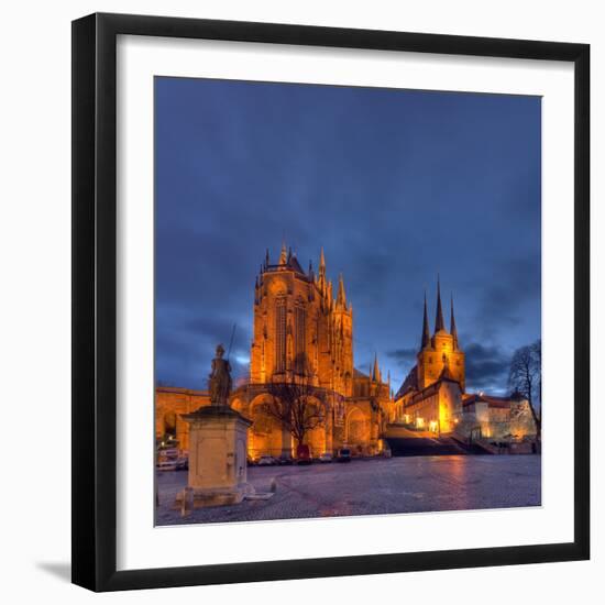 Germany, Thuringia, Erfurt, Domplatz, Severichurch, St. Mary's Cathedral, Monument, Lighting, Dusk-Harald Schšn-Framed Photographic Print