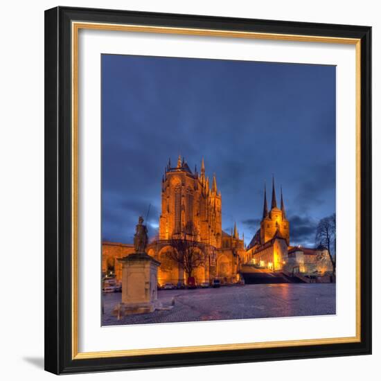 Germany, Thuringia, Erfurt, Domplatz, Severichurch, St. Mary's Cathedral, Monument, Lighting, Dusk-Harald Schšn-Framed Photographic Print