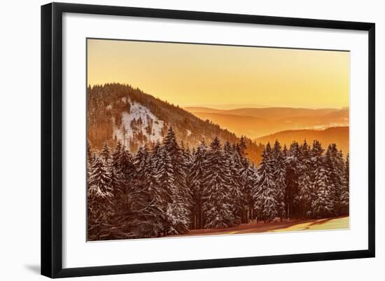 Germany, Thuringia, Gehlberg, SchmŸcke, Mountain Silhouettes, Spruces, Snow, Back Light-Harald Schšn-Framed Photographic Print