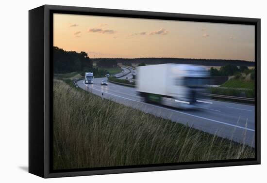 Germany, Thuringia, Highway A9 Close 'Lederhose', Truck and Car in Motion Blur at Sundown-Andreas Vitting-Framed Premier Image Canvas