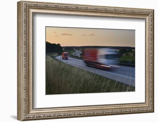 Germany, Thuringia, Highway A9 Close 'Lederhose', Truck and Car in Motion Blur at Sundown-Andreas Vitting-Framed Photographic Print