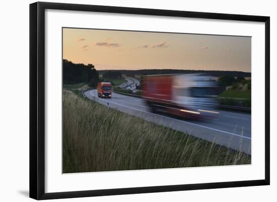 Germany, Thuringia, Highway A9 Close 'Lederhose', Truck and Car in Motion Blur at Sundown-Andreas Vitting-Framed Photographic Print