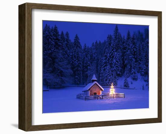 Germany, Upper Bavaria, Elmau, Chapel, Christmas Tree, Evening, Winter-Thonig-Framed Photographic Print