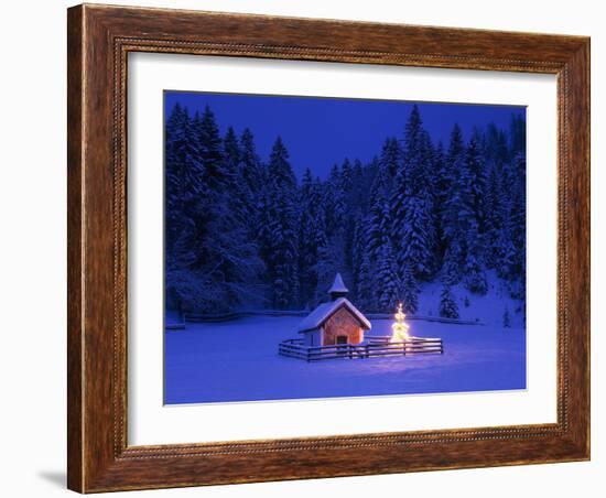 Germany, Upper Bavaria, Elmau, Chapel, Christmas Tree, Evening, Winter-Thonig-Framed Photographic Print