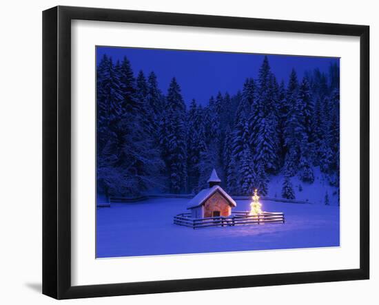 Germany, Upper Bavaria, Elmau, Chapel, Christmas Tree, Evening, Winter-Thonig-Framed Photographic Print