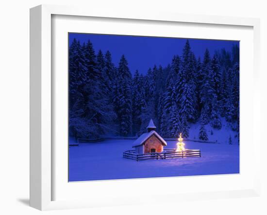 Germany, Upper Bavaria, Elmau, Chapel, Christmas Tree, Evening, Winter-Thonig-Framed Photographic Print