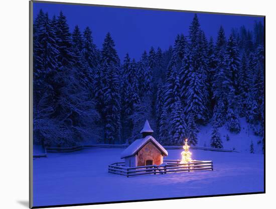 Germany, Upper Bavaria, Elmau, Chapel, Christmas Tree, Evening, Winter-Thonig-Mounted Photographic Print