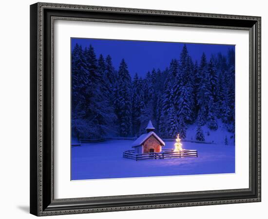 Germany, Upper Bavaria, Elmau, Chapel, Christmas Tree, Evening, Winter-Thonig-Framed Photographic Print