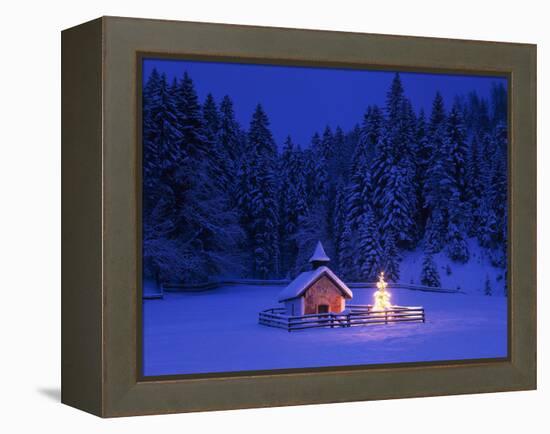 Germany, Upper Bavaria, Elmau, Chapel, Christmas Tree, Evening, Winter-Thonig-Framed Premier Image Canvas