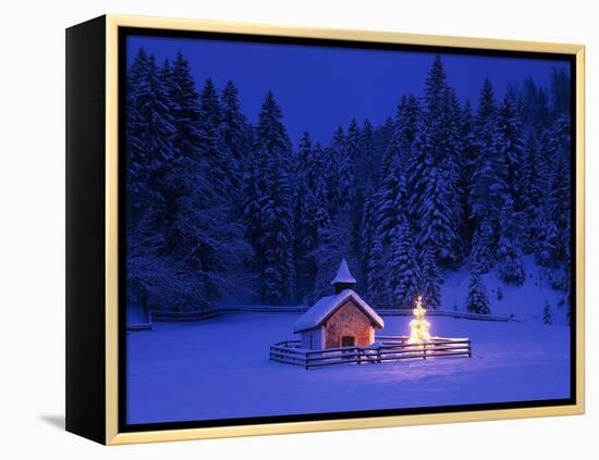 Germany, Upper Bavaria, Elmau, Chapel, Christmas Tree, Evening, Winter-Thonig-Framed Premier Image Canvas