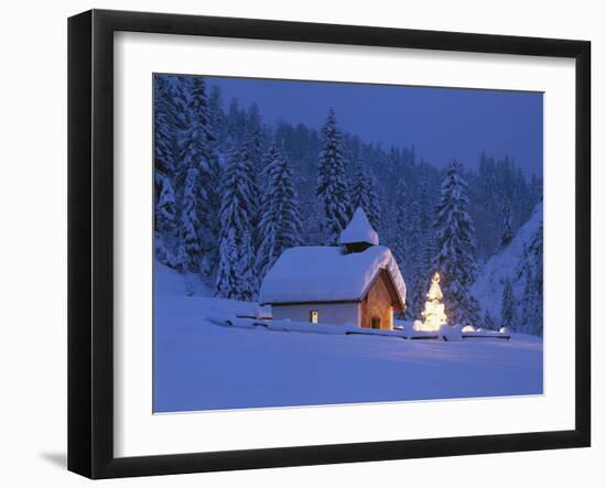 Germany, Upper Bavaria, Elmau, Chapel, Christmas Tree, Illuminated-Thonig-Framed Photographic Print