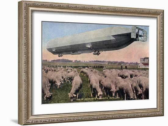 Germany - View of a Zeppelin Blimp over Grazing Sheep-Lantern Press-Framed Art Print