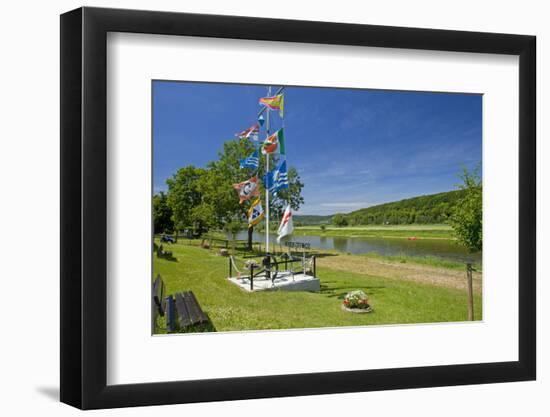 Germany, Weser Hills, Lower Saxony, Heinsen, Weser Shore, Flagstaff, Bench, Canoeist-Chris Seba-Framed Photographic Print