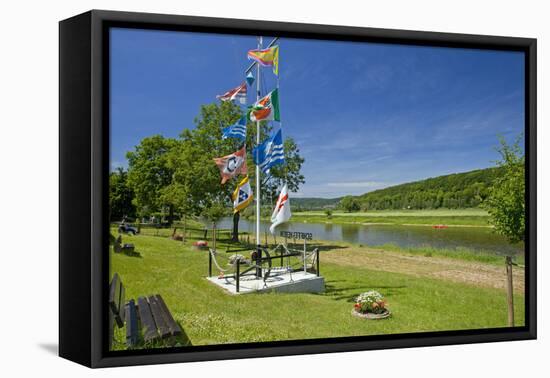 Germany, Weser Hills, Lower Saxony, Heinsen, Weser Shore, Flagstaff, Bench, Canoeist-Chris Seba-Framed Premier Image Canvas