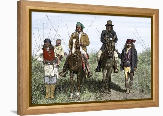 Geronimo and Natchez on Horseback during the Apache Wars, c.1886-null-Framed Premier Image Canvas