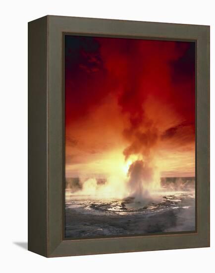 Geyser Steaming At Sunset, Yellowstone Park-Tony Craddock-Framed Premier Image Canvas