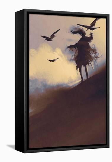 Ghost with Flying Crows in the Desert,Illustration,Digital Painting-Tithi Luadthong-Framed Stretched Canvas