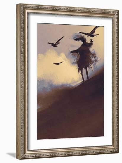 Ghost with Flying Crows in the Desert,Illustration,Digital Painting-Tithi Luadthong-Framed Art Print