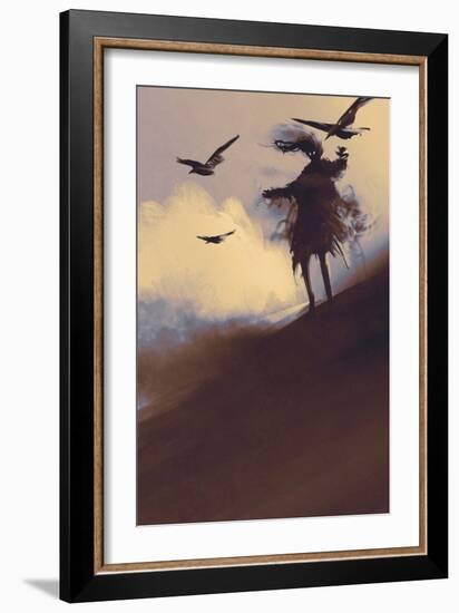 Ghost with Flying Crows in the Desert,Illustration,Digital Painting-Tithi Luadthong-Framed Art Print