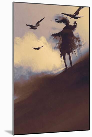 Ghost with Flying Crows in the Desert,Illustration,Digital Painting-Tithi Luadthong-Mounted Art Print