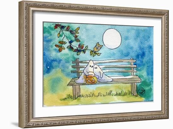 Ghosts on Bench Halloween Full Moon Owl-sylvia pimental-Framed Art Print