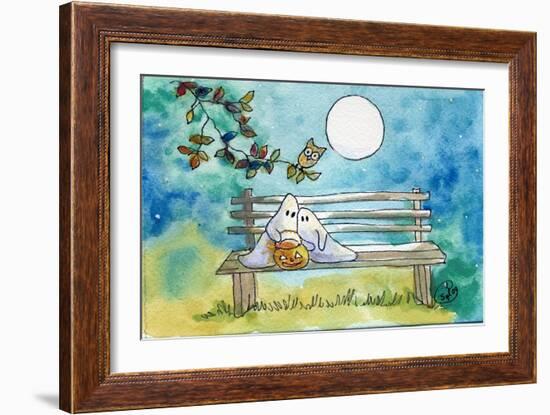 Ghosts on Bench Halloween Full Moon Owl-sylvia pimental-Framed Art Print