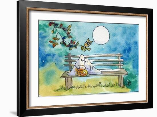 Ghosts on Bench Halloween Full Moon Owl-sylvia pimental-Framed Art Print