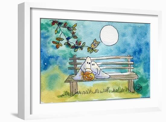 Ghosts on Bench Halloween Full Moon Owl-sylvia pimental-Framed Art Print