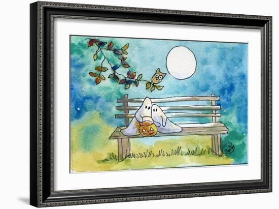 Ghosts on Bench Halloween Full Moon Owl-sylvia pimental-Framed Art Print