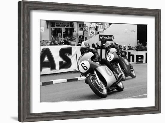 Giacomo Agostini on Bike Number 6, Tom Dickie on Bike Number 3, Isle of Man Junior TT, 1968-null-Framed Photographic Print