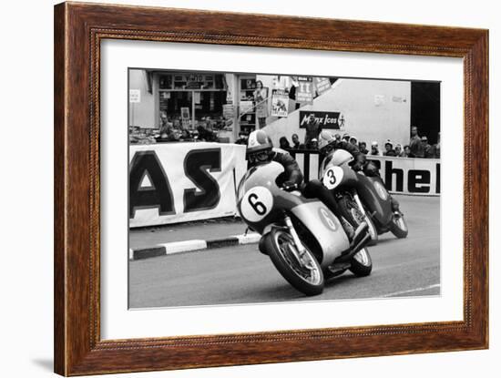 Giacomo Agostini on Bike Number 6, Tom Dickie on Bike Number 3, Isle of Man Junior TT, 1968-null-Framed Photographic Print