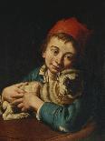 A Boy, Half Length, in a Blue Jacket and a Red Hat, Holding a Pug on a Cushion-Giacomo Ceruti-Framed Premier Image Canvas